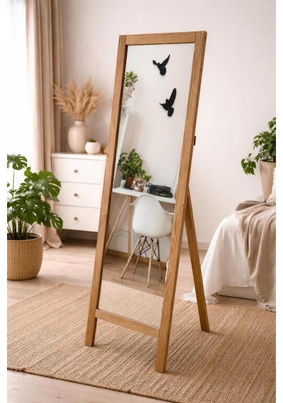 Asvera Ahşap Ayaklı Boy Aynası 145x40 Cm Flotal Devrilmez Natürel Ayna Bej