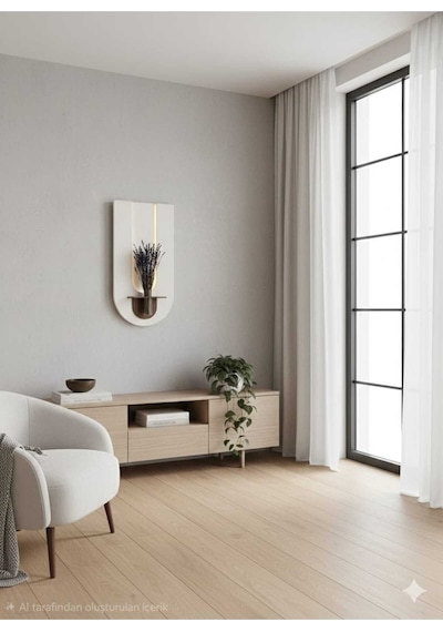 Begonvil Ahşap Pilli Ledli İskandinav Salon Duvar Rafı Şık Modern Çiçeklik 40 X 75 Cm Paris Grisi - Ahşap Ceviz