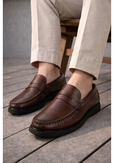 Muggo Gentz Hakiki Deri Rahat Taban Erkek Günlük Klasik Loafer Ayakkabı Kahverengi
