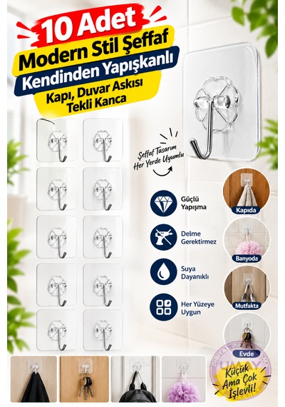 10 Adet Modern Stil Şeffaf Kendinden Yapışkanlı Kapı, Duvar Askısı Tekli Kanca