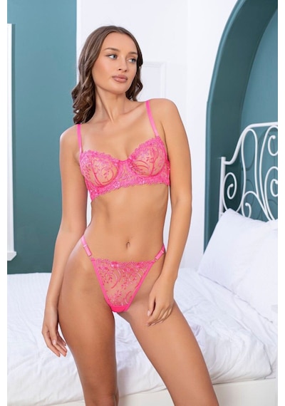 Arona Pembe Dantelli Bralet Takım Pembe Sütyen Tanga Set Dantelli Sütyen Gelin Çeyiz Giyim Pembe