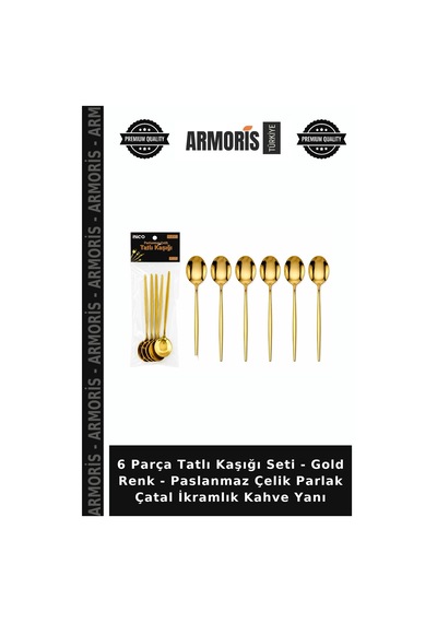 6 Parça Tatlı Kaşığı Seti - Gold Renk - Paslanmaz Çelik Parlak Çatal İkramlık Kahve Yanı Çok Renkli