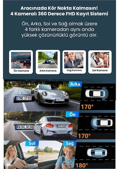 4 Kameralı Araç İçi Kamera Lcd Ekranlı 360 1080p Hd Gece Görüşü, G Sensor, Park, Döngü Kayıt Wdr, Uygulama Kontrol