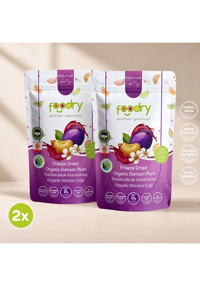 Foodry Dondurularak Kurutulmuş Organik Mürdüm Eriği Freeze Dry Damson Plum Katkısız Çıtır Meyve Atıştırmalığı 2 x 17 G
