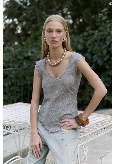 Mai Collection Mai Studios Co. Veilinas Asimetrik Kahve Keten Crop Kahve