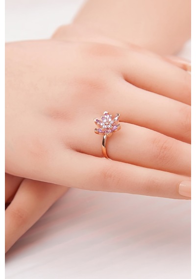 Ametist Taşlı Rose Renk Ayarlanabilir Lotus Gümüş Bayan Yüzük -7897