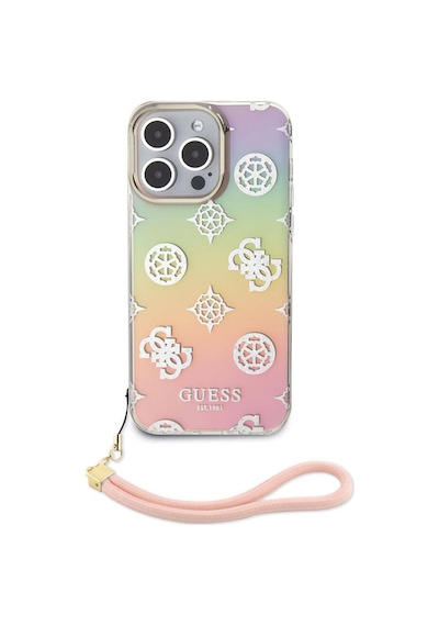 Apple Uyumlu iPhone 15 Pro Kılıf Guess Lisanslı Yazı Logolu Askı İpli Holografik Glitter Peony