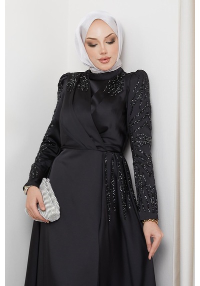 Olcay Önü Ve Kolları Pul Ve Taş Detaylı Saten Abiye Elbise Siyah 1660