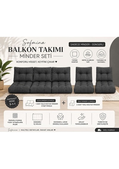 Leke Tutmaz 3-1-1 Balkon Bahçe Minder Seti - Fermuarlı Yıkanabilir İçi Dolu Antrasit Leke Tutmaz 3-1-1 Balkon Bahçe Minder Seti - Fermuarlı Yıkanabilir İçi Dolu Antrasit