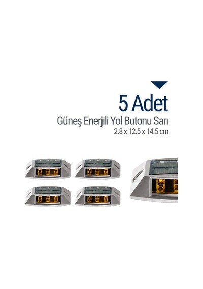 5'li Set Sarı Solar Yol Butonu 3x3 Ledli