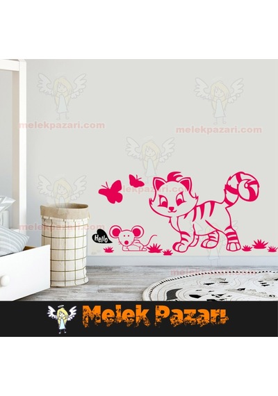 Sevimli Kedi Ve Fare Çocuk Odası Duvar Sticker