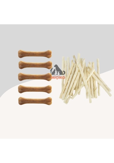 Köpekler İçin Ödül Seti12 5li 7cm Naturel Kemik+25li Beyaz Burgu Çubuk