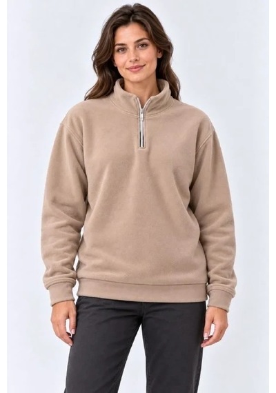 Tarzyeri Kadın Polar Dik Yaka Yarım Fermuarlı Uzun Kollu Regular Fit Kışlık Sweatshirt - Bej