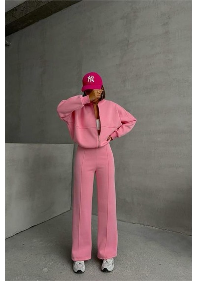 Neşeli Butik Kadın Şardonlu Üç İplik Eşofman Takımı Gts018 - Pembe Pembe