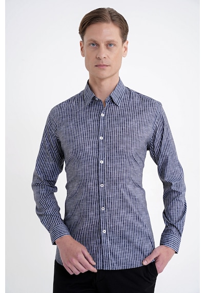 Slim Fit Klapa Yaka Esnek Pamuklu Siyah Çizgili Gömlek G 1599