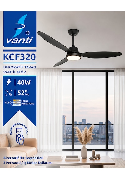 Vanti Kcf320 70w 52 İnç 132 Cm Tavan Vantilatörü Siyah 3 Kademeli Yaz Kış Modlu Sessiz Tavan Fanı