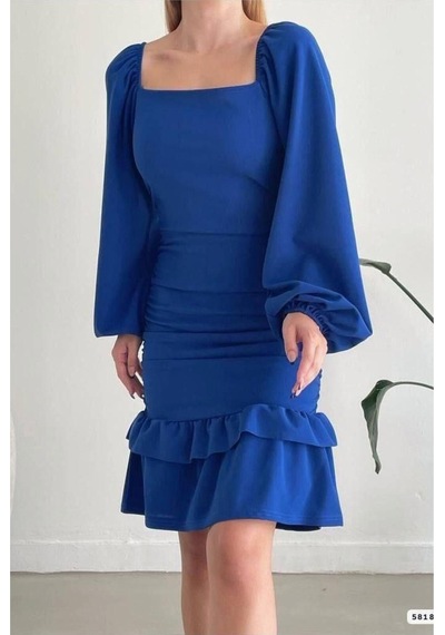 Lior Design Kadın Sade Kare Yaka Büzgülü Uzun Kollu Abiye Elbise Saks