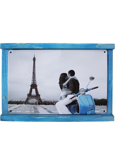 Rustik Ahşap Çerçeveli Vintage Metal Pano Eiffel 20x30