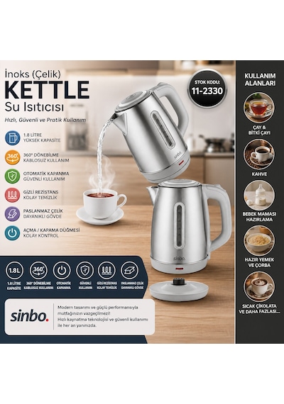 İnoks Çelik Kettle Su Isıtıcısı Kablosuz Kullanım 1.8lt 360 Dönebilme Otomatik Kapanma Sk-8031 563