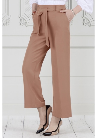 Sevitli Beli Bağlamalı Bol Paça Pantolon-vizon-3665-vizon Vizon