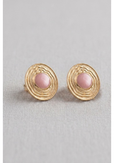 Vintage Pembe Mineli Çizgili Dik Elips Küpe Renkli