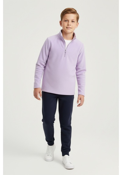Erkek Çocuk Uzun Kollu Mor Dik Yaka Yarım Fermuarlı Polar Üst-sweatshirt - Erkek Çocuk Polar Lila