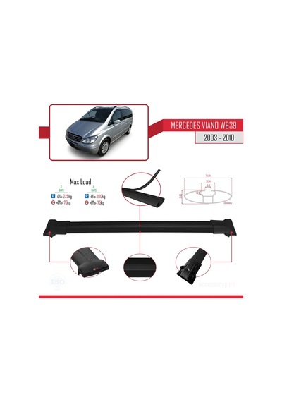 Mercedes Viano 2003-2010 Arası İle Uyumlu Fly Model Ara Atkı Tavan Barı Siyah 3 Adet Bar