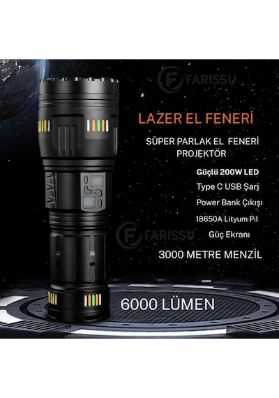 Or-g601 200w Lazer Led El Feneri + Yedek Pil Seti - Powerbank Özellikli Profesyonel Avcı Paketi Siyah