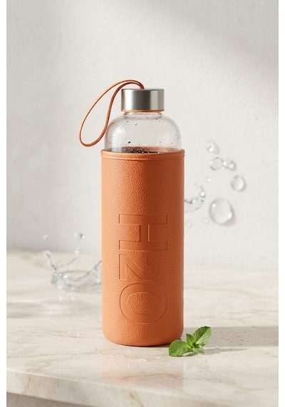 H2o Sağlıklı Cam Matara 1000 Ml Su Şişesi, Deri Kılıflı 1 Lt Sporcu Suluğu Turuncu