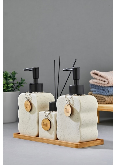 Cooker 3'lü 300 Ml Seramik Bambu Standlı Banyo Seti Ckr3883 Bej