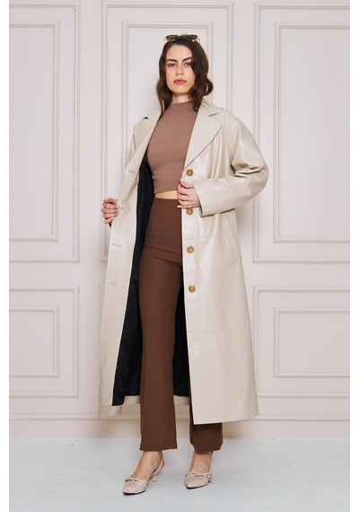 M M Marki Marki Kadın Hakiki Deri Trençkot Bej, V Yaka, Kuşaklı, Düğme Kapamalı, Oversize, 120 Cm - 117222