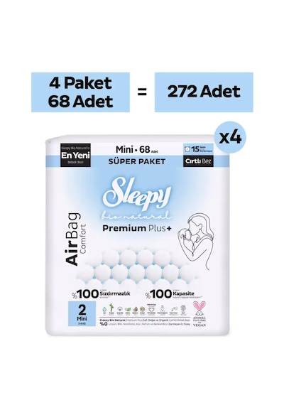 Sleepy Bio Natural Premium Plus Airbag Comfort Ultra Paket Bebek Bezi 2 Numara Mini 272 Adet