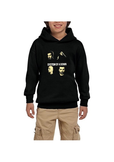 Zepplin Giyim System of a Down Grup Face Siyah Çocuk Kapşonlu Sweatshirt Siyah