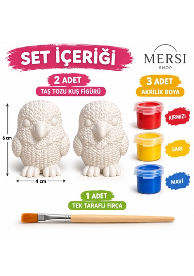 Kendi Kuşunu Boya Seti 2 Li Taş Tozu Figür 3 Renk Boya Ve Fırçalı Hobi Boyama Seti