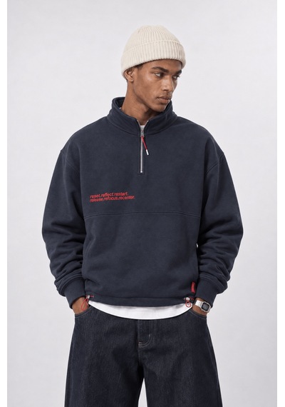 Respire Erkek Reset Baskılı Lastik Detaylı Half Zip Oversize Sweatshirt Lacivert