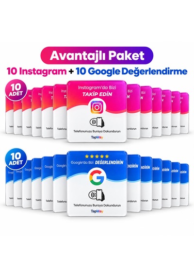 20'li Nfc Kart Avantajlı Paket 10 Instagram Takip + 10 Google Değerlendirme Kartı 9x9 Cm Şeffaf Pleksi