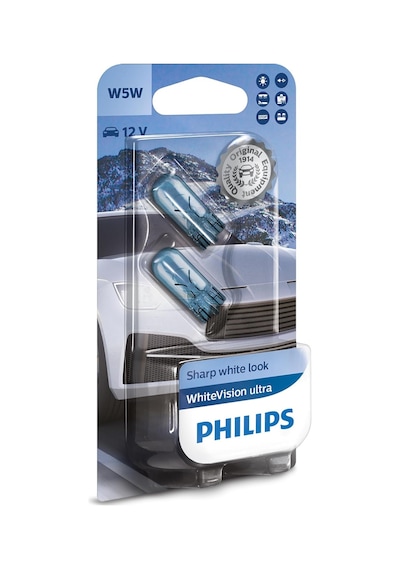 Philips T10 W5w Whitevision Ultra Halojen Sinyal Lambası, Çift Kabarcık, 35484330, Arabalar İçin, Beyaz Gün Işı