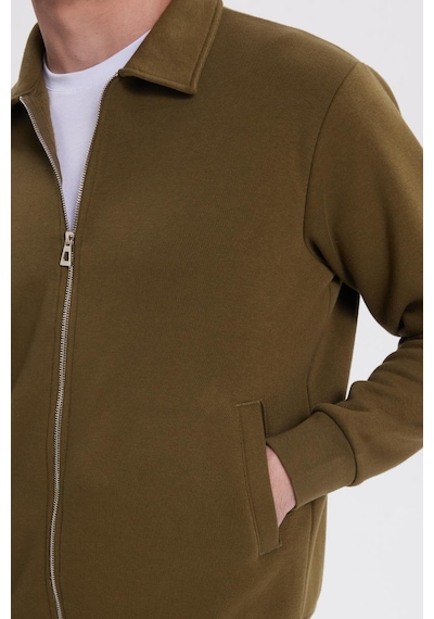 Tudors Unisex Relax Fit Rahat Kesim Pamuklu İçi Polarlı Fermuarlı Yeşil Polo Yaka Flato Cepli Sweatshirt Hırka-41976 Yeşil