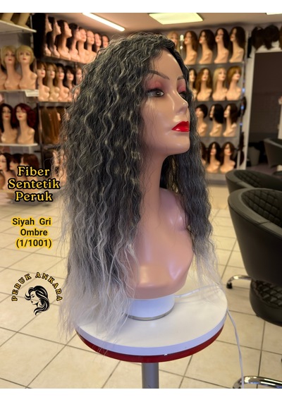 Afro Su Dalgası Peruk Fiber Sentetik Siyah Gri Ombre