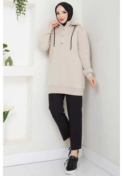 Esilanur Çıkarılabilir Kapüşonlu 3 İplik Şardonlu Sweatshirt Bej