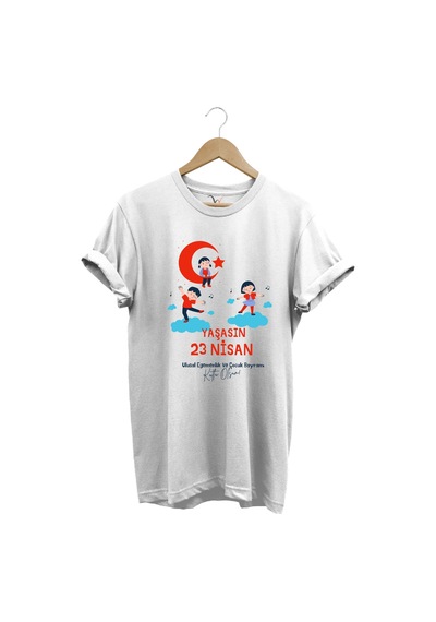 23 Nisan Çocuk Bayramı Baskılı %100 Pamuk Regular Fit Bisiklet Yaka Premium Beyaz T-shirt Beyaz