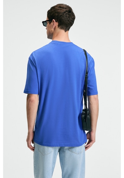 Grimelange CRISP Erkek Oversize %100 Pamuk Baskılı Yuvarlak Yaka Saks Mavi T-Shirt