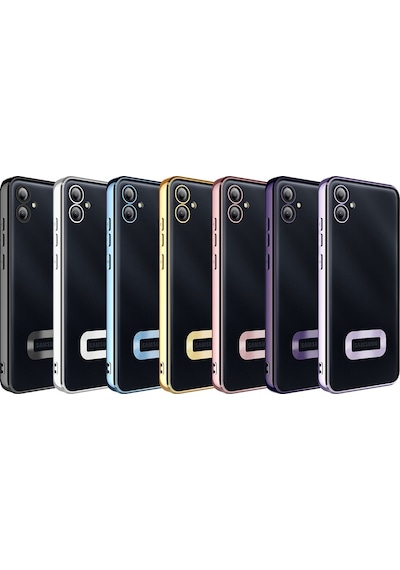Samsung Galaxy Uyumlu A04E Yanları Renkli Lens Korumalı Logo Gösteren Luxury Silikon Kapak - Rose Gold