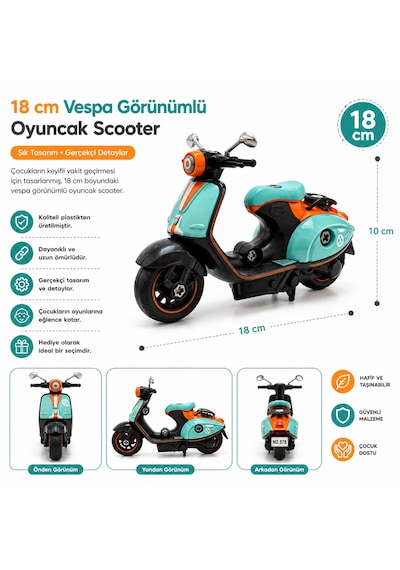 18 Cm Vespa Görünümlü Oyuncak Scooter Siyah - Yeşil