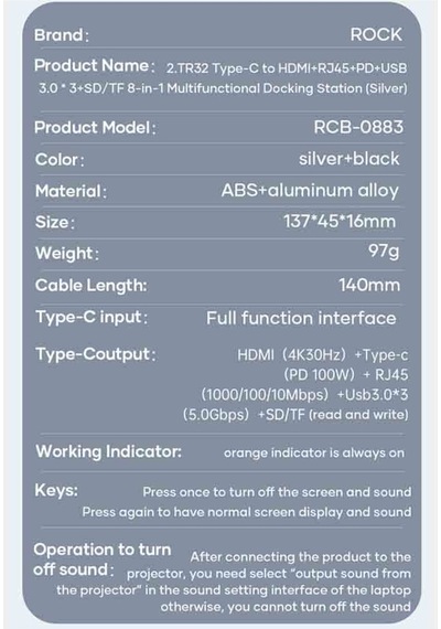 Tr32 8 In 1 Type-c To Hdm 4k30hz Rj45 Pd Usb3.0 3 Sd/tf Fonksyonel Dönüştürücü