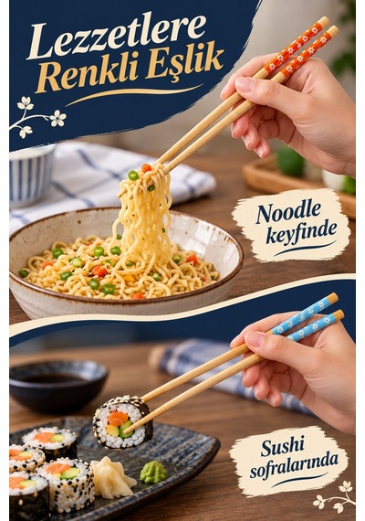 Mucit Home 1 Çift Bambu Chopstick Desenli Yıkanabilir Çin Suşi Ramen Noodle Yemek Çubuğu Ahşap