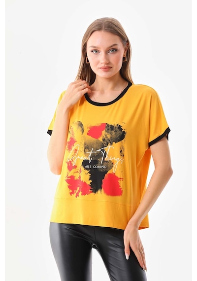 Sistas Kadın Desenli Ve Yazı Detaylı Kısa Kol Bluz 23085 Sarı