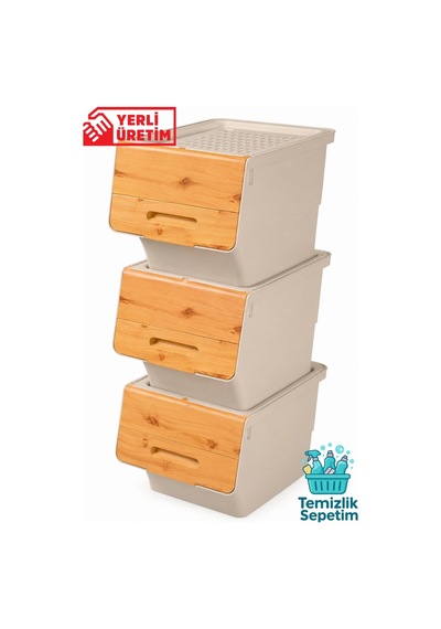 3 Katlı Tekerlekli Kapaklı Saklama Kutusu, Eşya Ve Erzak Organizer 3x12 Litre Bambu Bej Bej