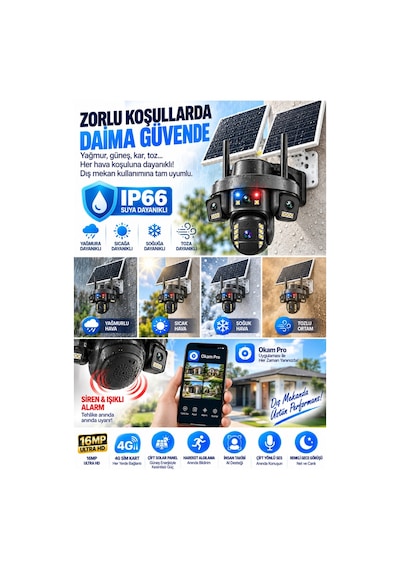 Premium 16mp 4g Solar Güvenlik Kamerası Çift Panel Ptz İnsan Takip Renkli Gece Görüş Ip66 Okam Pro