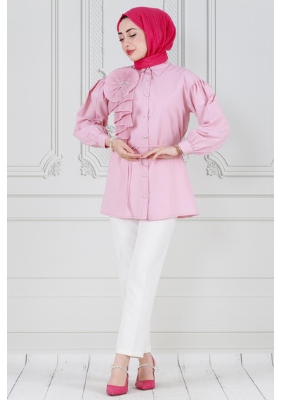 Sevitli İnci Çakım Fırfırlı Tunik-pembe-3780-pembe Pembe